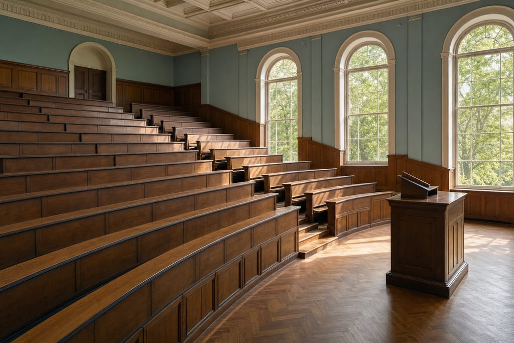 Sala wykładowa dawnej uczelni (aula) z początku XX wieku — ilustracja w stylu archiwalnym